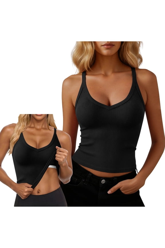Womens Racerback Ribbed Tank Tops Stretch V Neck Workout Casual Halter Top Summer Trendy Sleeveless Crop Camisole Black S