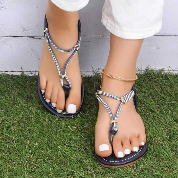 CQONEPT Womens Rhinestone Sandals T Strap Sparkly Wedding Flat Sandal Ankle Strap Summer Fashion Flat Flip Flops Navy 36