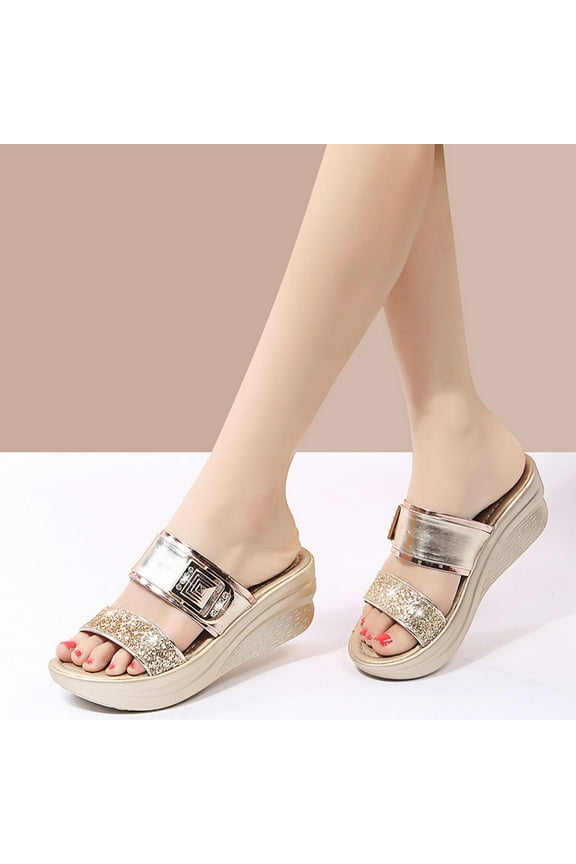 Womens Rhinestone Sequin Wedge Platform Sandals Orthotic Arch Support Silppers,Two Strap Slip-On Open-Toe Beach Casual Slippers Size 6 Gold