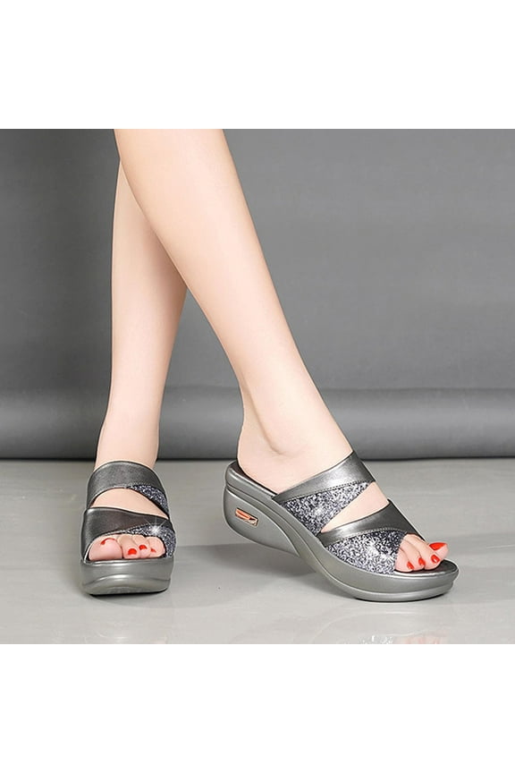 Womens Rhinestone Sequin Wedge Platform Sandals Orthotic Arch Support Silppers,Two Strap Slip-On Open-Toe Beach Casual Slippers Size 7.5 Silver