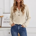 thumbnail image 1 of CQONEPT Womens Ribbed Hoody Pullover Button V Neck Sweatshirt Tops Dressy Casual Long Blouses Stretch Fall Fashion Clothes Beige S, 1 of 7