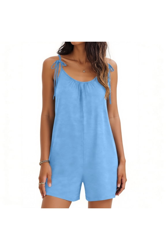 Womens Romper One Piece Tie Spaghetti Strap Rompers Overalls Summer Loose Comfy Casual Short Jumpsuits with Pockets Blue 2XL