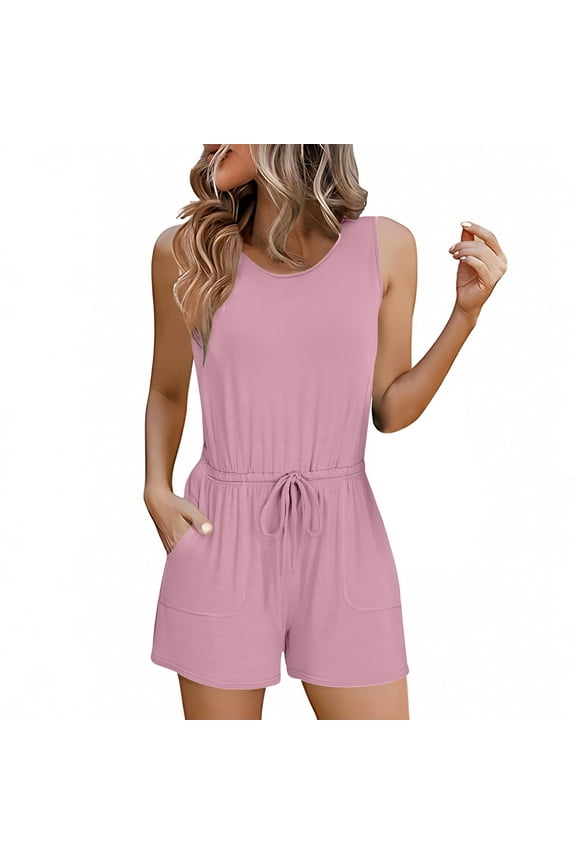 Womens Romper with Pockets Summer Casual Sleeveless Tank Elastic Waist Solid Fashion Drawstring Jumpsuit Shorts Pink S