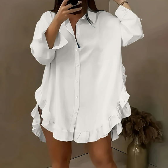 CQONEPT Womens Ruffle Shirts Casual Loose Fit Blouse Lapel Neck Long Sleeve Tops Rolled Up Tunic Tops White M