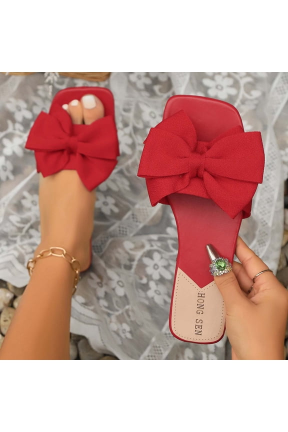 Womens Sandals Dressy Cute Summer Bow Square Toe Slippers Trendy Beach Boho Wedding Vacation Slides Shoes Red 38