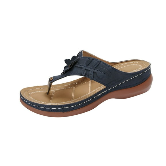 CQONEPT Womens Sandals Wedge Low: Summer Open Toe Wedges - Dressy Casual Elastic Ankle Strap Platform - Comfortable Rhinestone Flower Sandals Blue Size 9