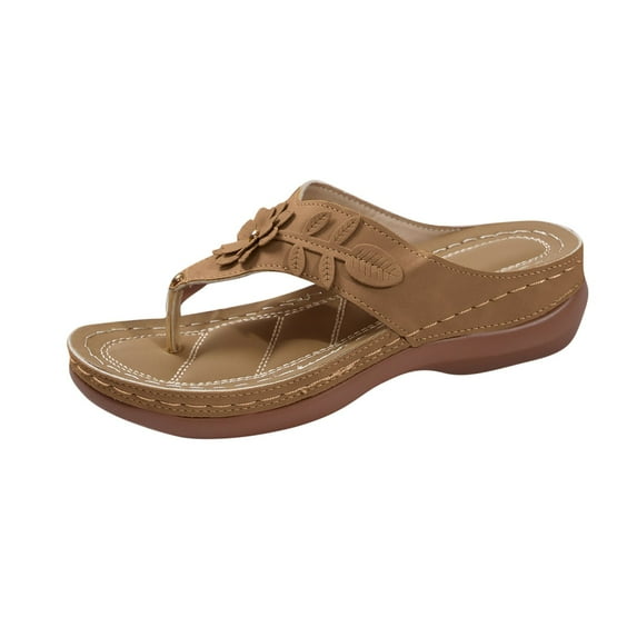 CQONEPT Womens Sandals Wedge Low: Summer Open Toe Wedges - Dressy Casual Elastic Ankle Strap Platform - Comfortable Rhinestone Flower Sandals Brown Size 7
