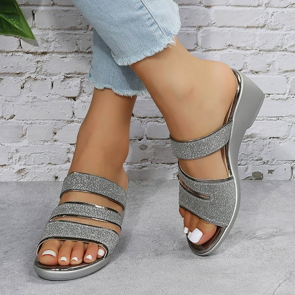 CQONEPT Womens Sandals Wedge : Open Toe Open Toe Sparkly Wedge Sandal - Summer Flatform Wedge Sandals for Women Dressy Sandals Women - Comfortable Summer Size 6 Silver