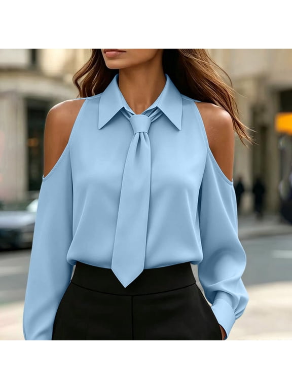 Womens Satin Silk Blouse Cold Shoulder Long Sleeve Collared Business Casual Solid Color Work Tops Clothes Blue S