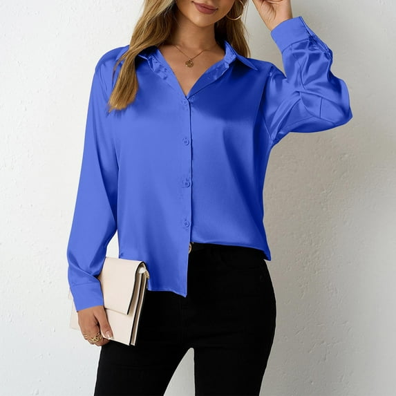 CQONEPT Womens Satin Silk Shirts Dressy Casual Long Sleeve Tops Lapel Neck Business Blouse Button Down Tops Blue 2XL