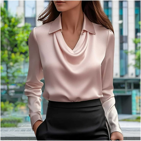 CQONEPT Womens Satin Silk Shirts Lapel Neck Long Sleeve Tops Cowl Neck Tunic Tops Business Casual Blouse Pink S