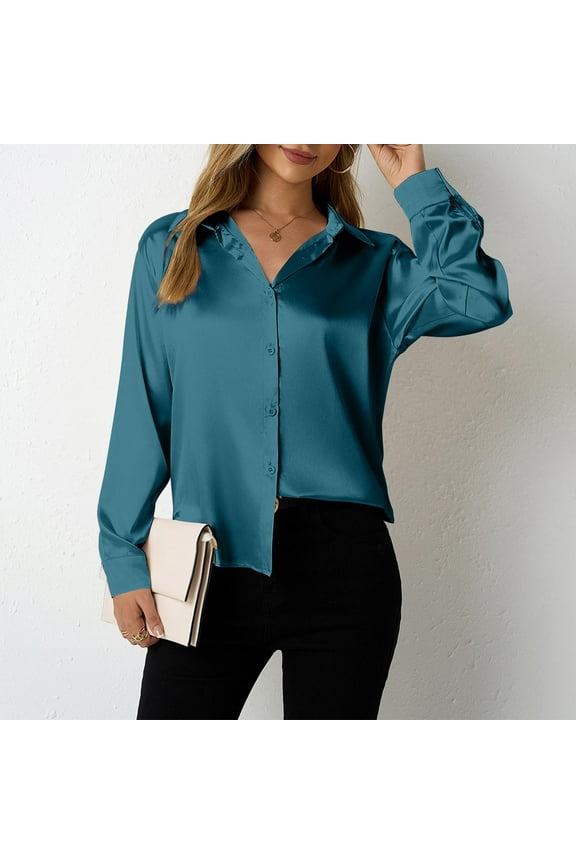 Womens Satin Silk Tops Button Down Blouse Lapel Neck Long Sleeve Tops Trendy Outdoor Tunic Tops Army Green 2XL