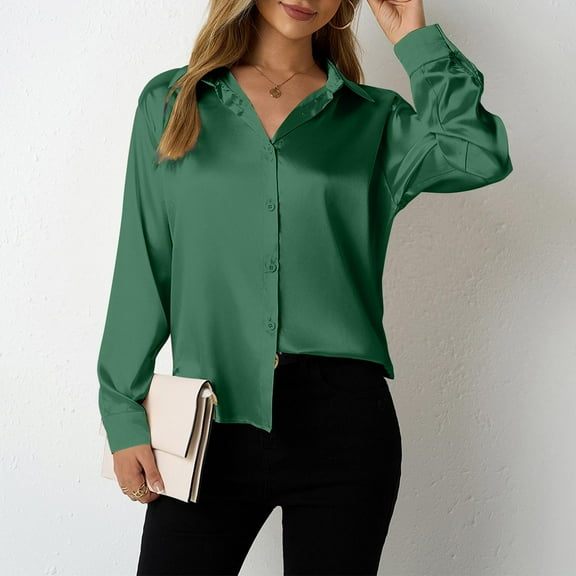 CQONEPT Womens Satin Silk Tops Button Down Blouse Lapel Neck Long Sleeve Tops Trendy Outdoor Tunic Tops Green S
