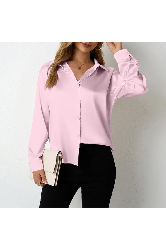 Womens Satin Silk Tops Button Down Blouse Lapel Neck Long Sleeve Tops Trendy Outdoor Tunic Tops Pink XL