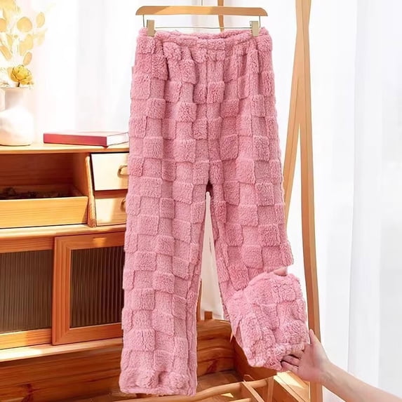 CQONEPT Womens Sherpa Fleece Pj Pants Casual Baggy Wide Leg Home Pants Low Waist Lightweight Warm Pajama Bottom Pink Free Size