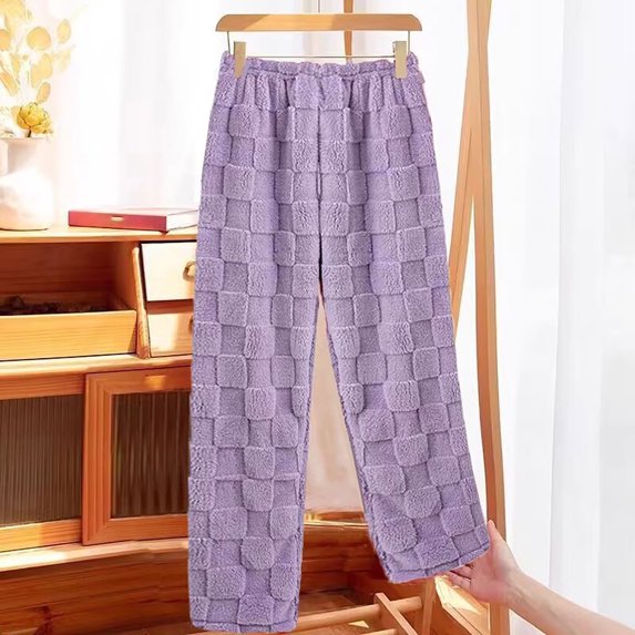 CQONEPT Womens Sherpa Fleece Pj Pants Casual Baggy Wide Leg Home Pants Low Waist Lightweight Warm Pajama Bottom Purple Free Size