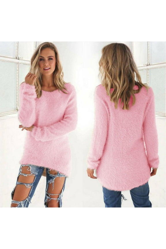 Womens Sherpa Fleece Pullover Crewneck Fluffy Tunic Tops Warm Fall Winter Outdoor Long Sleeve Tops Pink 2XL