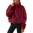 thumbnail image 1 of CQONEPT Womens Sherpa Fleece Pullover Tops Turtleneck Half Zip Blouse Cozy Soft Shirts Warm Winter Outfit Wine L, 1 of 5