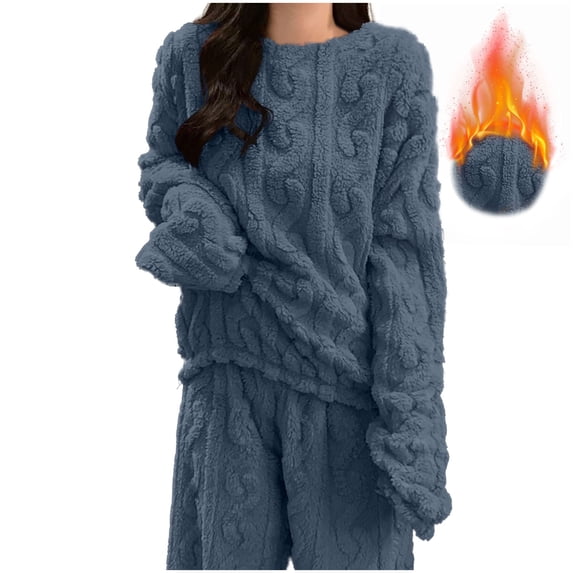 CQONEPT Womens Sherpa Lined Pajama Crewneck Ribbed Fluffy Winter Warm Knit Pj Home Wear Long Sleeve Shirts Blue Free Size