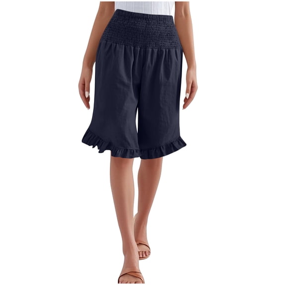 CQONEPT Womens Short Pants Elastic Waist Ruffle Shorts Linen Shorts Straight Leg Summer Vacation Pants Navy XL