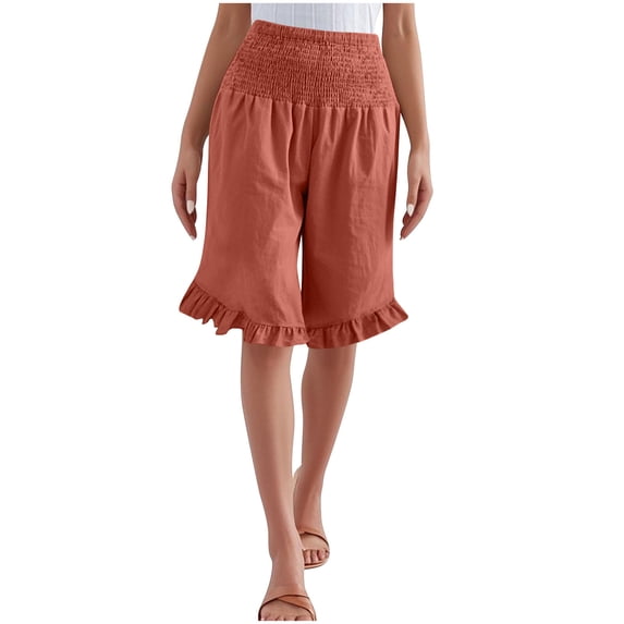 CQONEPT Womens Short Pants Elastic Waist Ruffle Shorts Linen Shorts Straight Leg Summer Vacation Pants Orange 2XL