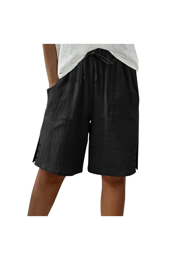 Womens Short Pants with Pockets Side Slit Loose Fit Straight Leg Comfortable Breathable Drawstring Pant Black XL