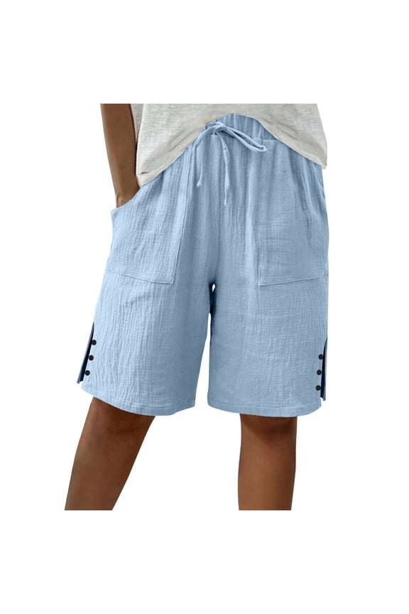 Womens Short Pants with Pockets Side Slit Loose Fit Straight Leg Comfortable Breathable Drawstring Pant Light Blue S