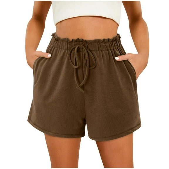 CQONEPT Womens Shorts with Pockets Elastic Waist Drawstring Baggy Casual Short Pants High Waisted Workouts Shorts Coffee L