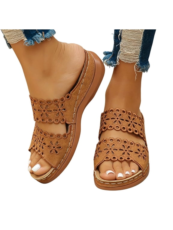 Womens Slip On Wedge Sandals Slides Open Toe Two Band Comfortable Memory Foam Insole Lightweight Beach Summer Shoes Brown 36