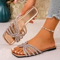 thumbnail image 1 of CQONEPT Womens Square Toe Rhinestone Slides Sparkly Crystal Flat Sandals Summer Beach Strappy Dressy Breathable Slippers Gold 36, 1 of 6