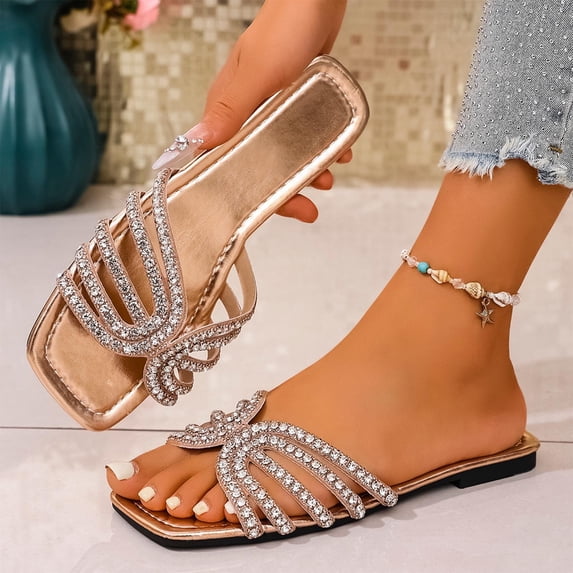 CQONEPT Womens Square Toe Rhinestone Slides Sparkly Crystal Flat Sandals Summer Beach Strappy Dressy Breathable Slippers Gold 36