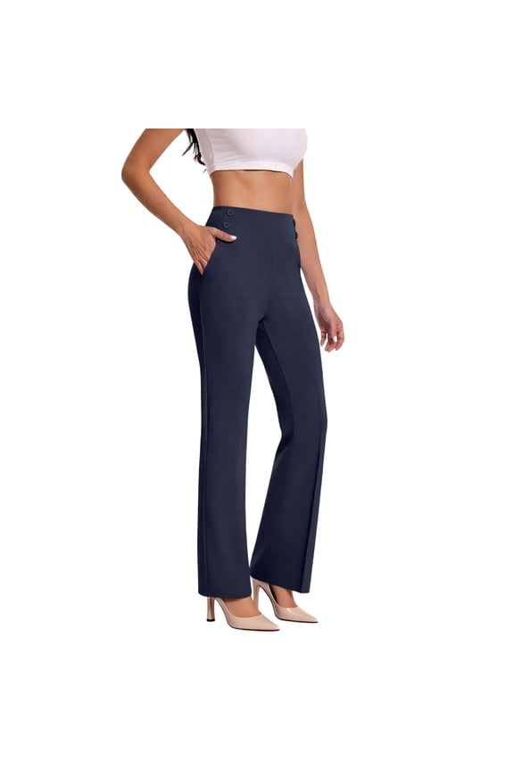 Womens Stretchy Dress Pants Office Slacks Button Pant Comfy Business Straight Leg High Waist Pant with Pockets Navy M