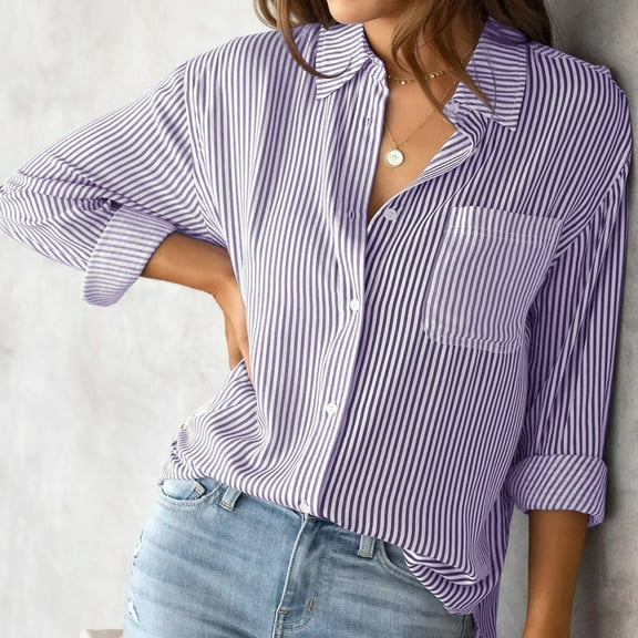 CQONEPT Womens Stripe Shirts Lapel Neck Long Sleeve Blouse Classic Fit Casual Tunic Tops Button Down Outdoor Tops Purple M