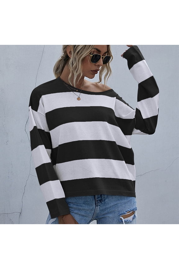 Womens Stripe Sweaters Color Block Crewneck Pullover Tops Long Sleeve Tunic Tops Slim Fit Winter Clothes Black L