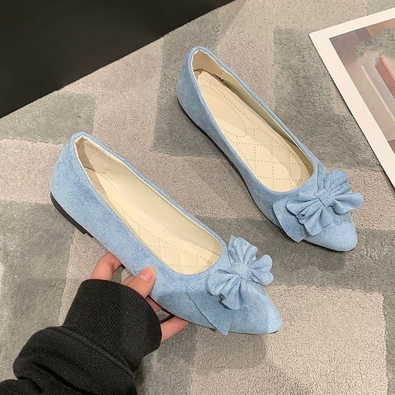 CQONEPT Womens Suede Flats Slip On Bowknot Ballet Flats Pointed Toe Fashion Soft Dress Shoes Casual Comfy Shoes Light Blue 42
