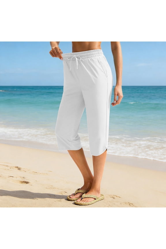 Womens Summer Bech Capris Elastic Waist Quick Dry Pant Swimsuits Bathing Bottoms Cropped Pants with Zipper Pocket White S