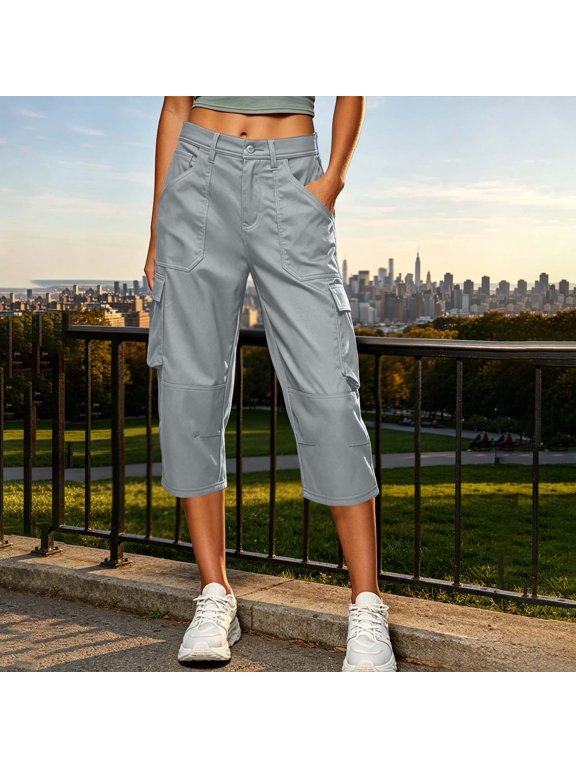 Womens Summer Crop Pants Casual Drawstring Elastic Waist Capris Striped Linen Cropped Trousers with Pockets Gray S