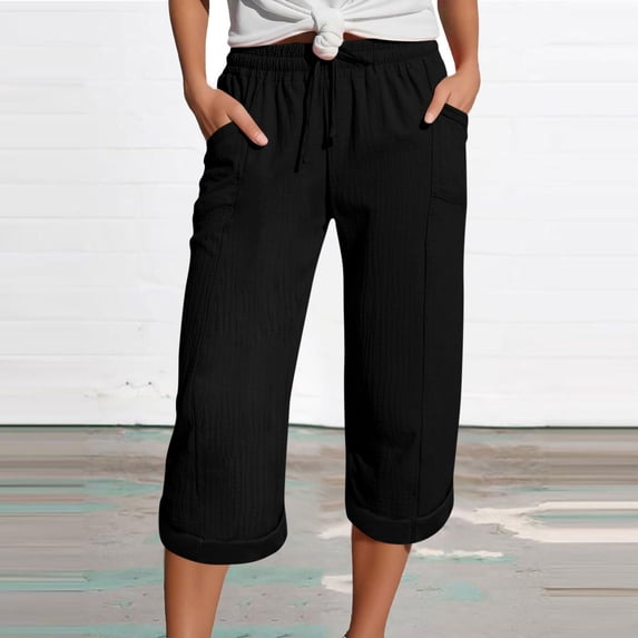 CQONEPT Womens Summer Linen Shorts Beach Pant with Pockets Summer Pants Stretch Straight Leg Drawstring Trousers Black XL