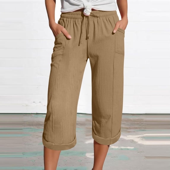 CQONEPT Womens Summer Linen Shorts Beach Pant with Pockets Summer Pants Stretch Straight Leg Drawstring Trousers Khaki XL
