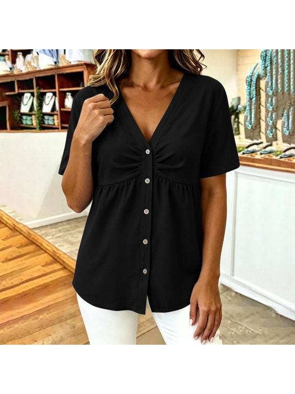 Womens Summer V Neck Linen Short Sleeve Button Down Pleated Blouse Loose Fit Casual Shirt for Office Vacation Black S