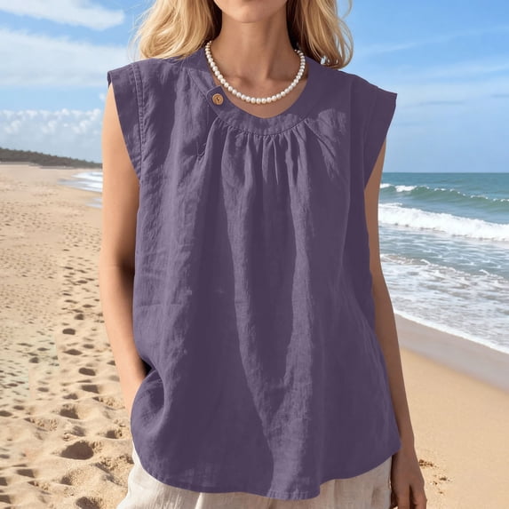 CQONEPT Womens Sunmmer Tops Cotton Linen Tank Tops Crewneck Loose Casual Sleeveless Summer Vacation Shirts Purple 2XL