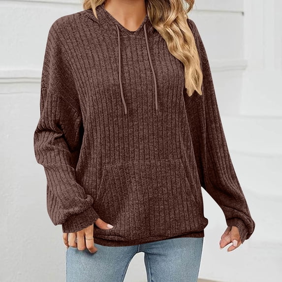CQONEPT Womens Sweaters Knit Casual Hoodies Drawstring Ribbed Pullover Tops Long Sleeve Blouse with Pockets Brown XL