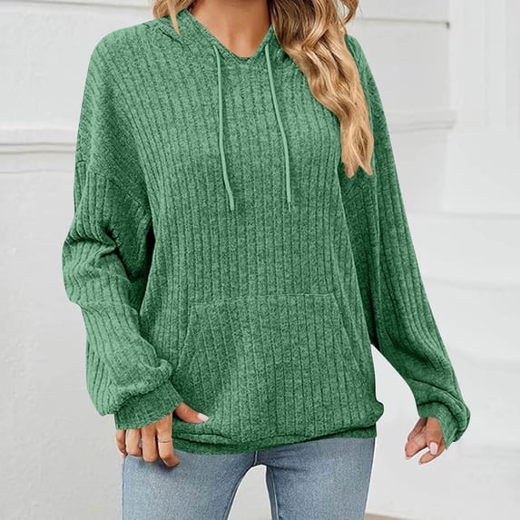 CQONEPT Womens Sweaters Knit Casual Hoodies Drawstring Ribbed Pullover Tops Long Sleeve Blouse with Pockets Green M