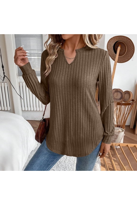Womens Sweaters Knit Ribbed Long Sleeve Shirts V Neck Comfy Lounge Loose Fit Tunic Tops Brown S