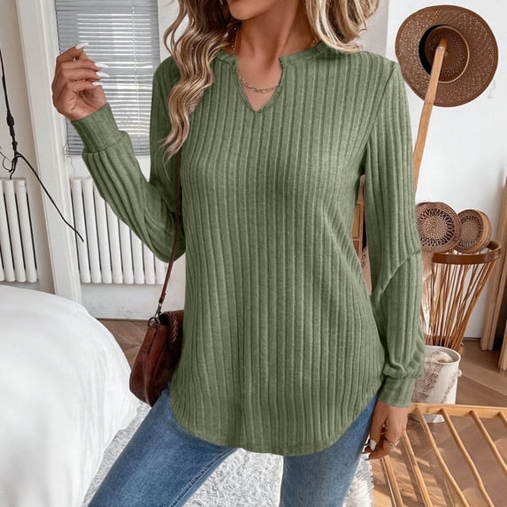 CQONEPT Womens Sweaters Knit Ribbed Long Sleeve Shirts V Neck Comfy Lounge Loose Fit Tunic Tops Green M