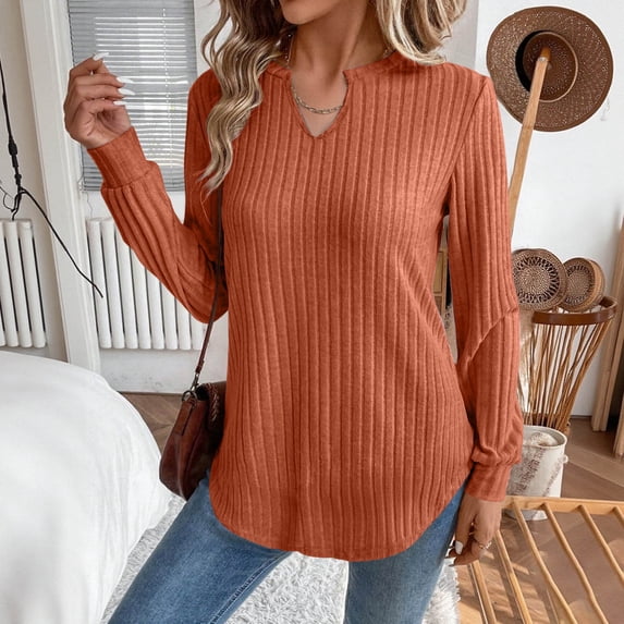CQONEPT Womens Sweaters Knit Ribbed Long Sleeve Shirts V Neck Comfy Lounge Loose Fit Tunic Tops Orange XL