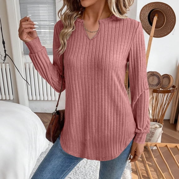 CQONEPT Womens Sweaters Knit Ribbed Long Sleeve Shirts V Neck Comfy Lounge Loose Fit Tunic Tops Pink S