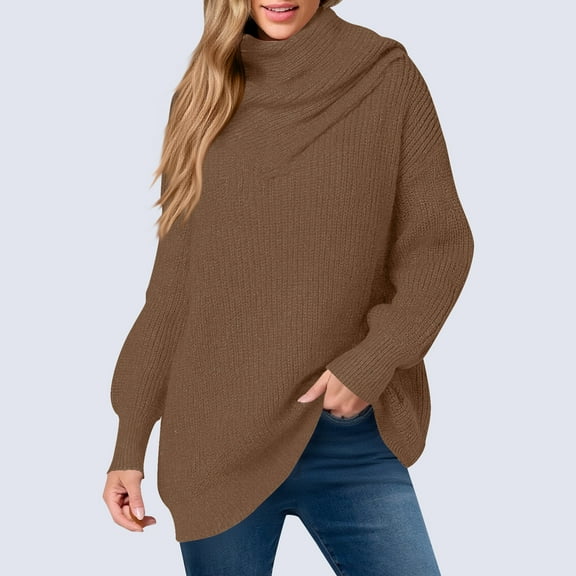 CQONEPT Womens Sweaters Ribbed Dressy Casual Turtleneck Long Sleeve Tops Chunky Cozy Warm Boho Clothes Khaki Free Size