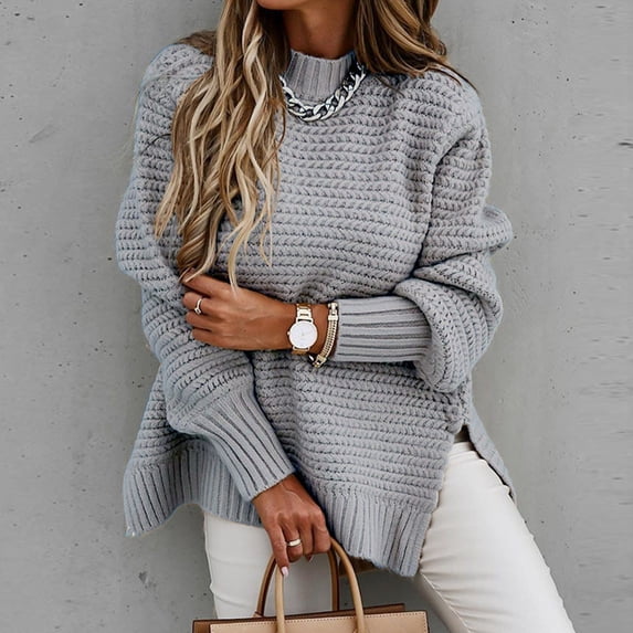 CQONEPT Womens Sweaters Turtleneck Cable Pullover Tops Warm Winter Tunic Tops Long Sleeve Side Slit Shirts Gray XL