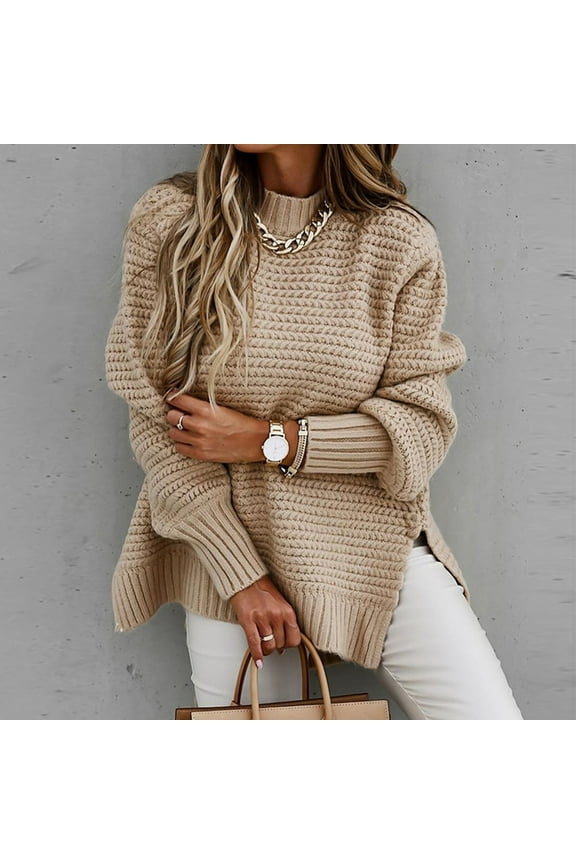 Womens Sweaters Turtleneck Cable Pullover Tops Warm Winter Tunic Tops Long Sleeve Side Slit Shirts Khaki XL